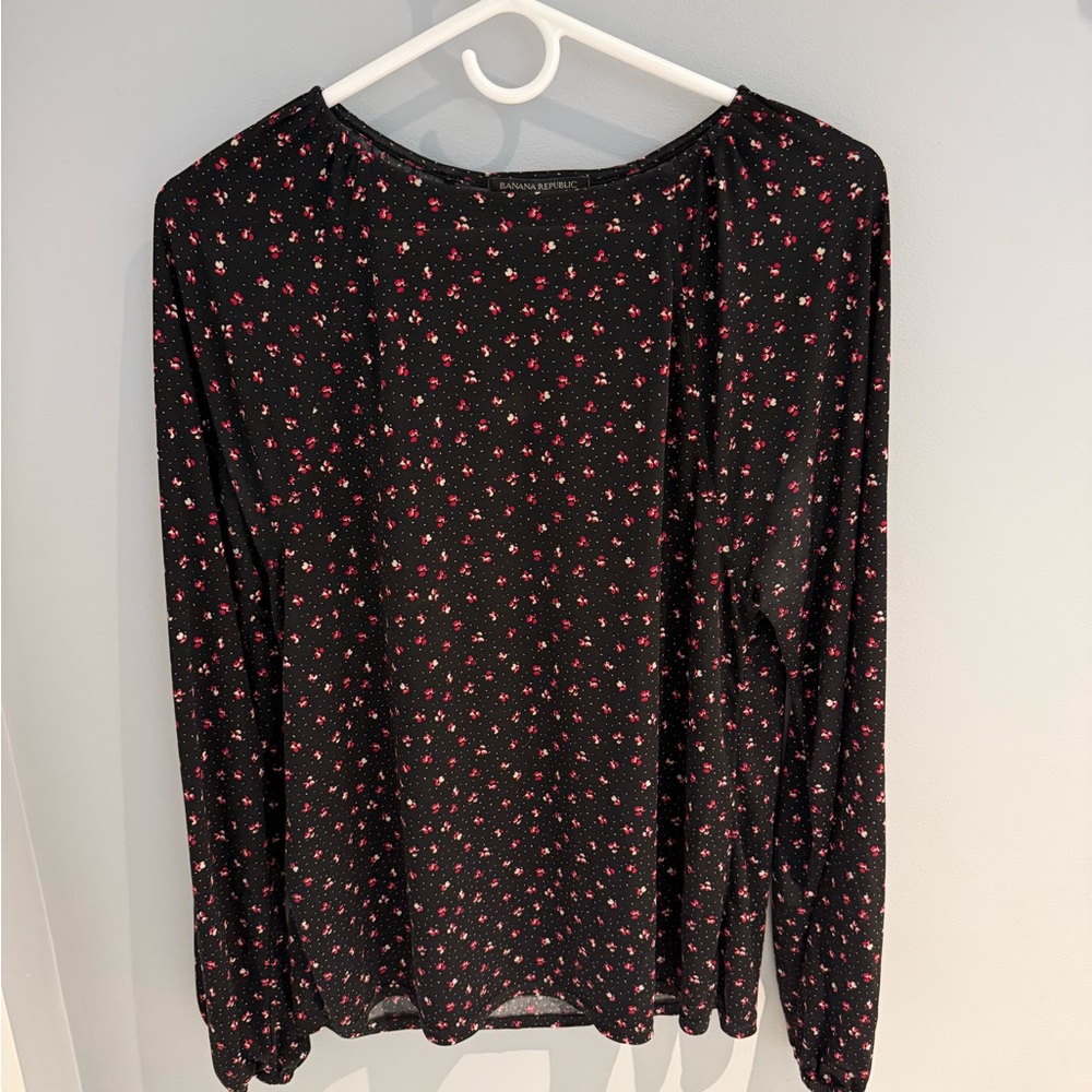 Banana Republic Black with Flowers Long Sleeve Blouse